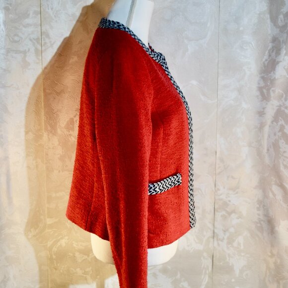 Talbots Size 8 Red Tweed Tipped Blazer Jacket Black White Trim - Picture 4 of 6